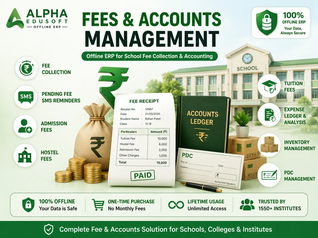 School Fees and Accounts Management Software with Fee Collection, Pending Fee SMS, Expense Ledger, Inventory and PDC Management in Alpha Edusoft Offline ERP