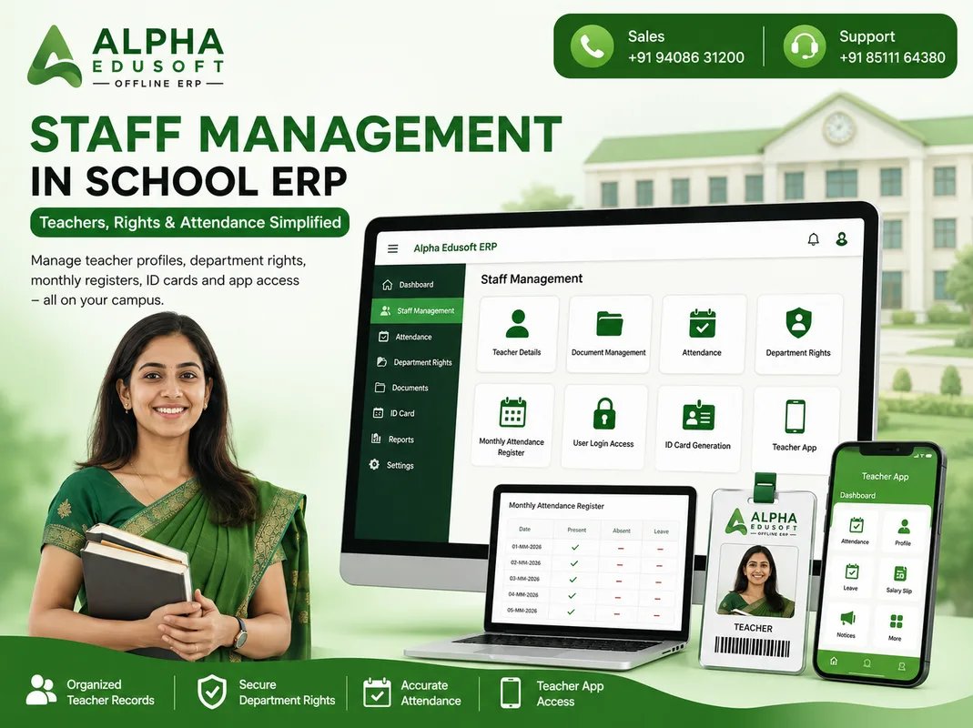 School ERP staff management — teacher records and department rights